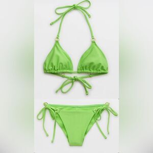 NWT Aerie FULL SET Shine Rib Triangle Top + Cheekiest Tie Bottom Lime Green - L
